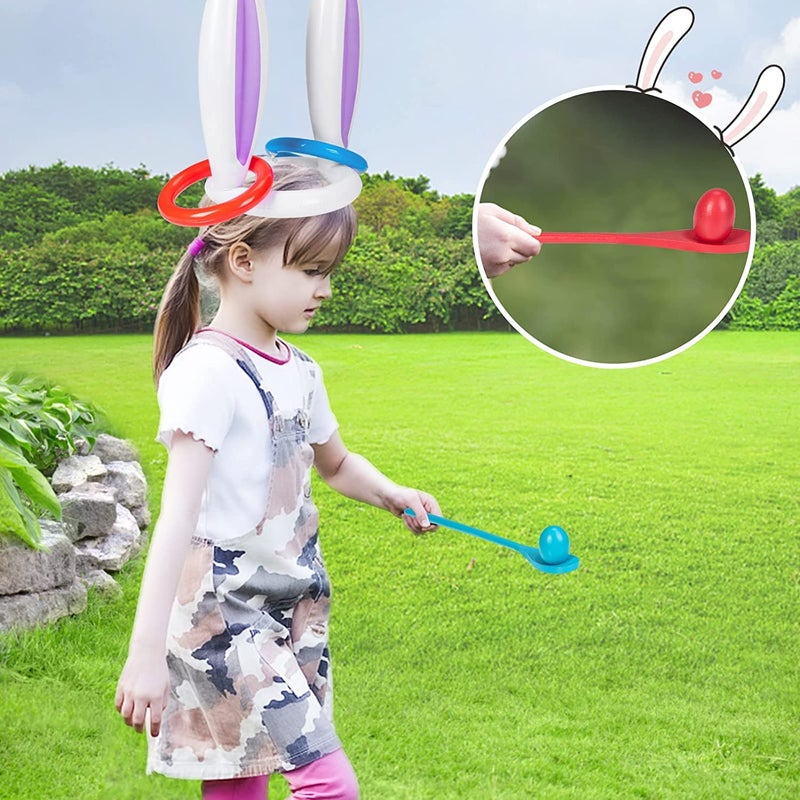 ThinkMax 4 Players Easter Outdoor Party Games for Kids and Family - Potato Sack Race Jumping Bags, Legged Relay Race Bands, Egg and Spoon Race and Inflatable Bunny Ring Toss Games - Easter Party Supplies - Image 4